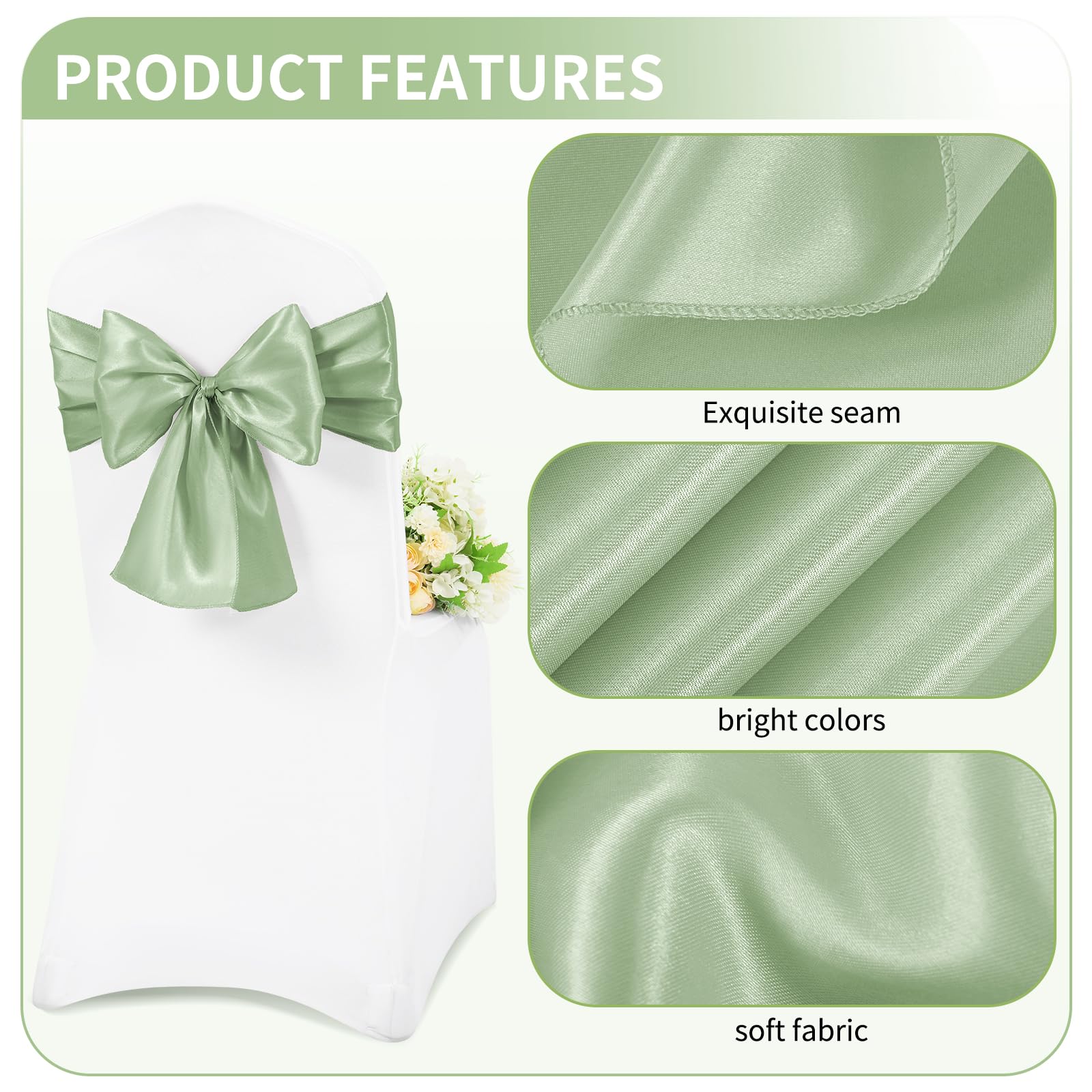Teruntrue 60 Lazos de satén para sillas, Fundas universales para sillas, Color Verde Salvia, para Bodas, Banquetes, Fiestas, Eventos de Hotel, decoración de sillas (17 x 204 cm)