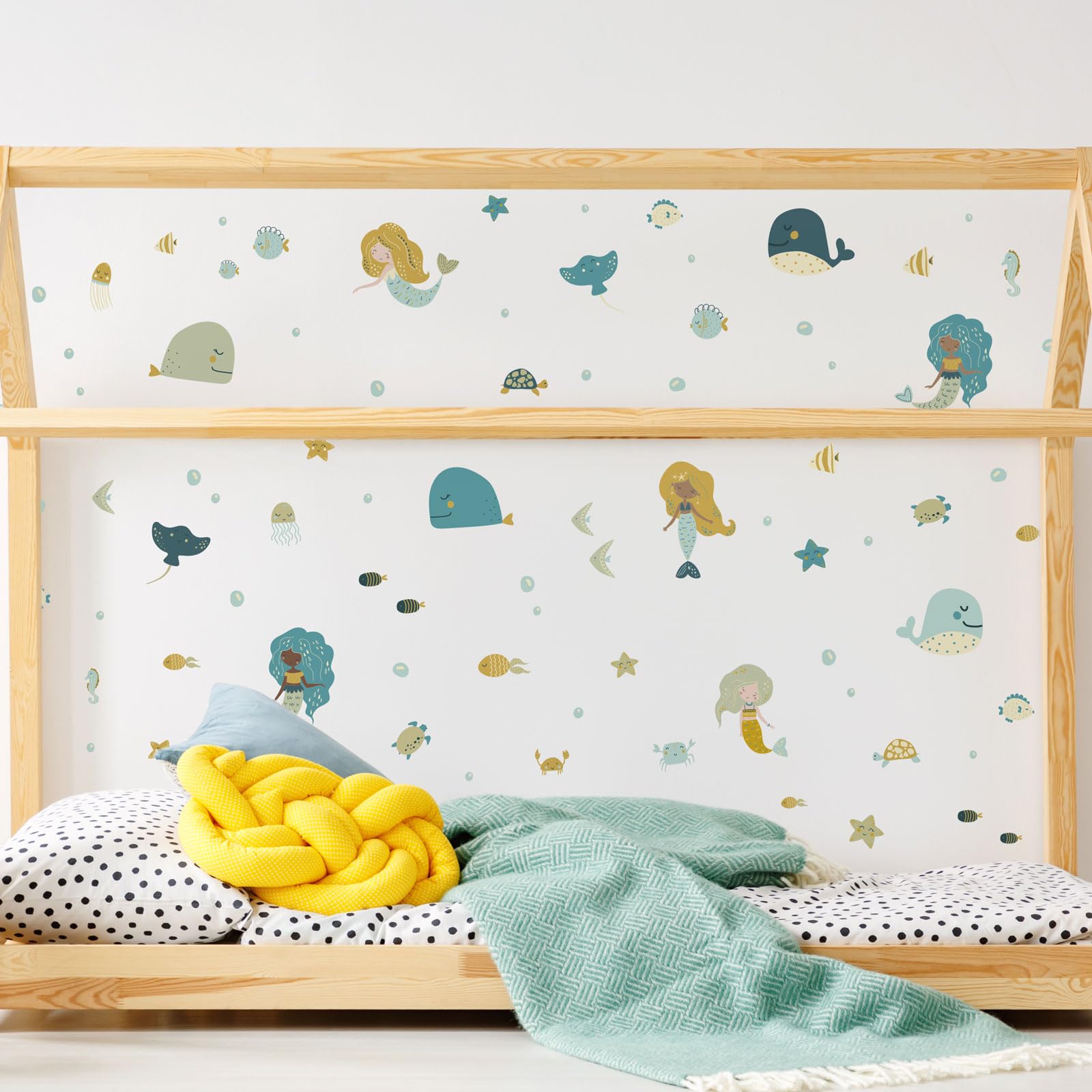 Stickerscape Mermaid and Whale Wall Stickers (Yellow Mermaids and Whales) | Underwater Wall Stickers, Mermaid Wall Decals, Nursery Wall Decor, Mustard and Blue Mermaids | Cleanly Removable