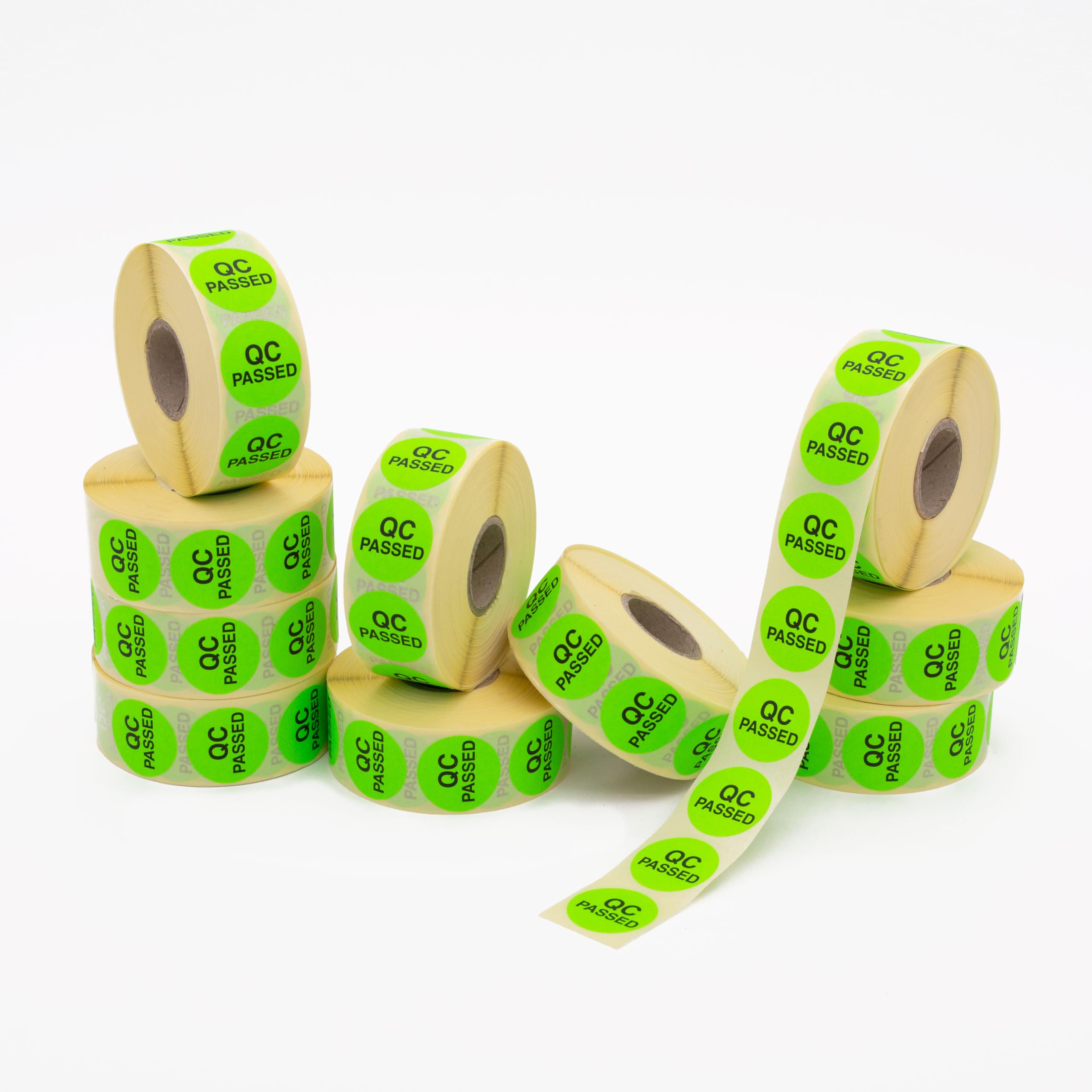 Pack of 10 Rolls, QC Passed Labels, 25mm Diameter, Printed Green and Black, 1,000 Labels per roll.