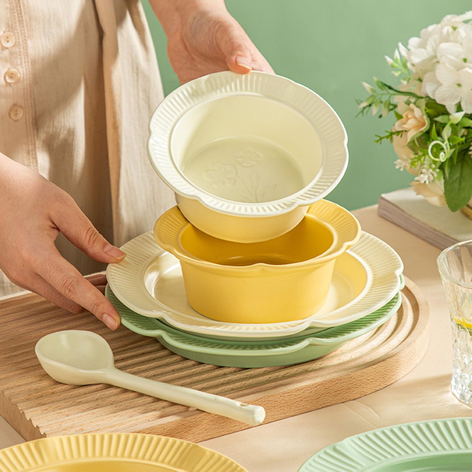 Nudelsuppenschüsseln, Ramenschalen, Müslischalen, Müslischalen Keramik, 800ml Schüssel-Set, Suppenschüsseln, Müslischale, Pudding-Dessertschale,Grün,(Yellow)