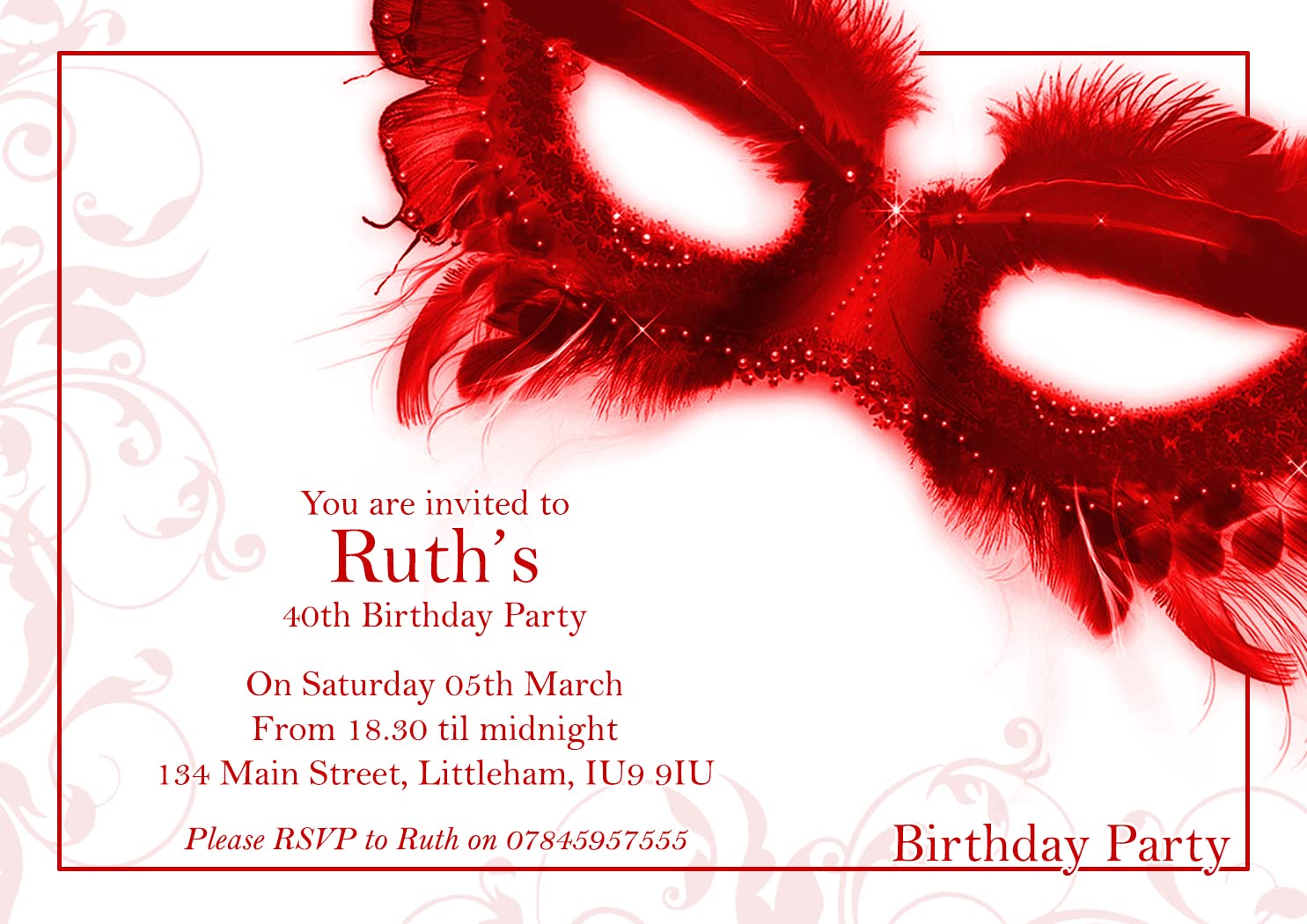 10 Personalised Masquerade Ball Party Invitation Adult Child Printed Invite Boy Girl Male Female For Him For Her Special Occasion Hen Night Wedding Christening - Image 5