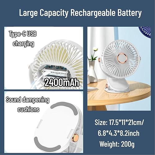Miniatura 6 de Ventilador de escritorio con clip con luces, recargable por USB, 2400 mAh, 5 niveles de velocidad de flujo de aire, ventilador personal portátil de