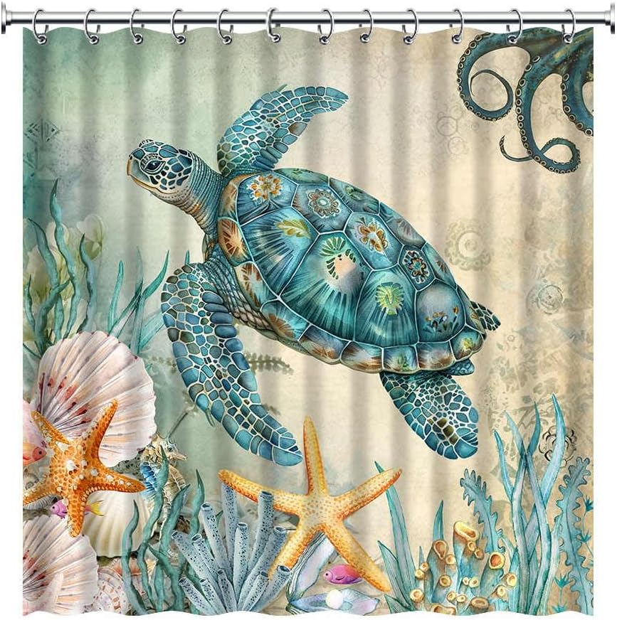 QZJDX Green Blue Sea Turtle Shower Curtains for Bathroom Nautical Ocean Beach Watercolor Tropical Undersea Marine Life Decor Polyester Fabric Bath Curtain 70"x78"