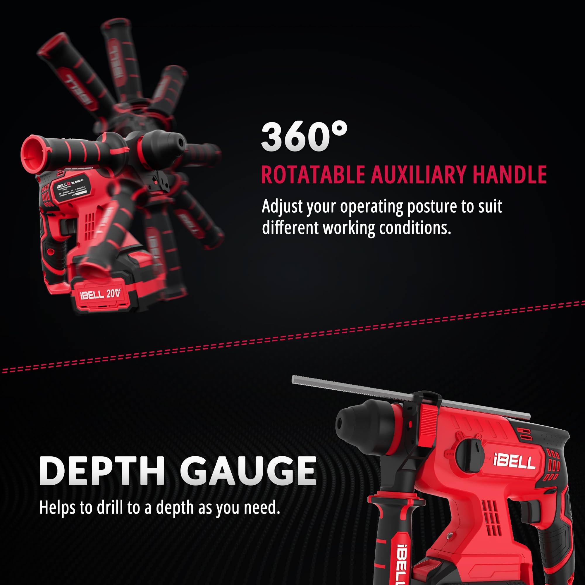 IBELL BH22-47 Brushless Rotary Hammer Drill, 20V with SDS Plus chuck, 0β1400 RPM, 2.2J impact energy, 4 modes for concrete, masonry, wood & steel with 4Ah battery, charger, BMC box & 1-year warranty. 2