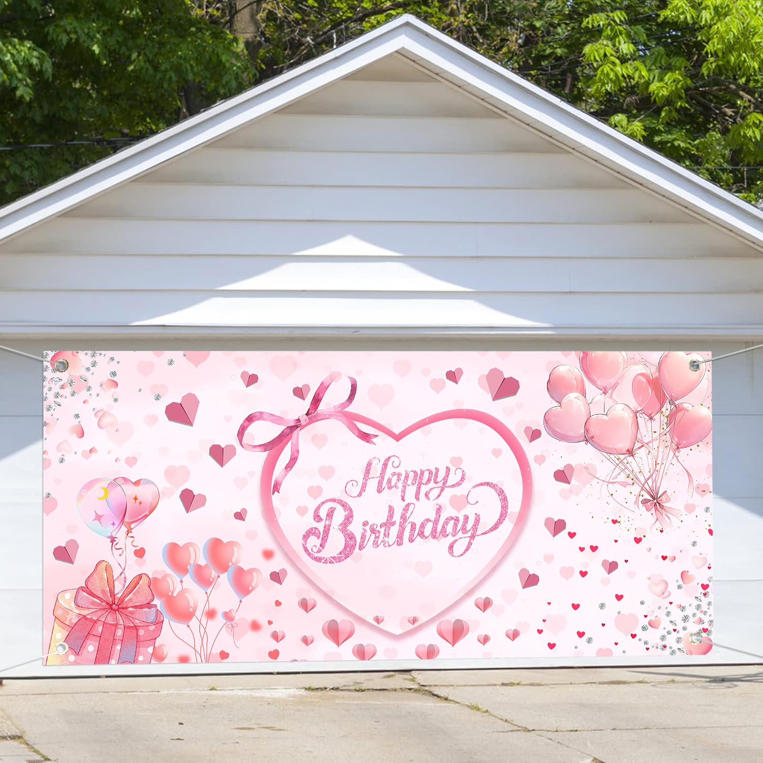 7X16ft Pink Bow Happy Birthday Garage Door Decoration Bowknot Heart BirthdayBackdrop for Girls Women Teens Themed Party Photography Decoration Banner