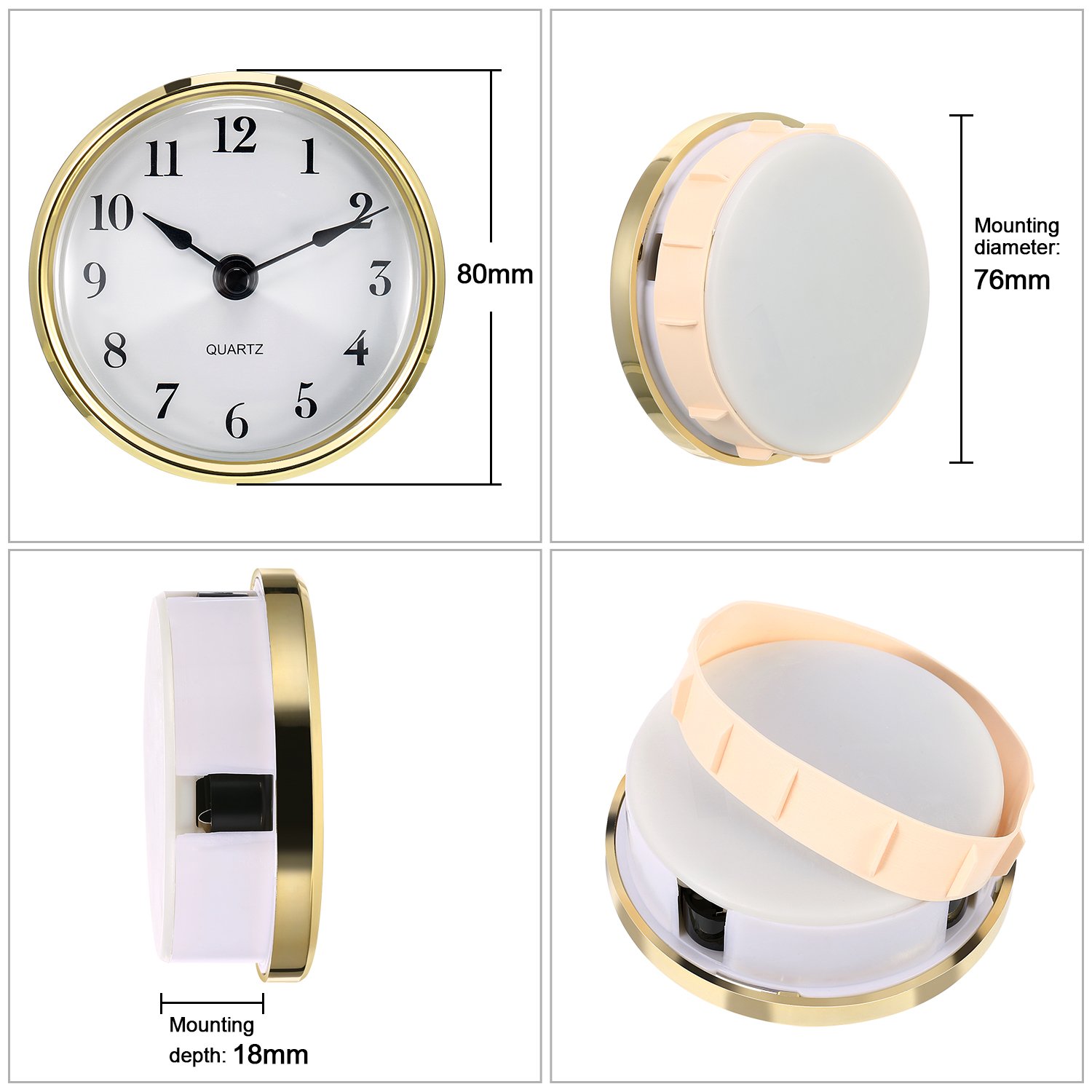 Hicarer 3-1/8 Inch (80 mm) Quartz Clock Insert Fit-up/Insert with Arabic Numeral, Gold Trim, Quartz Movement