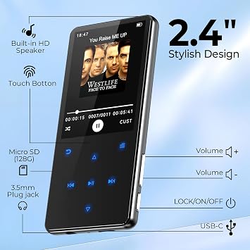 64GB MP3 Player with Bluetooth 5.3, MP4 Player, 2.4-inch Screen, Portable MP3 Player for Kids with Built-in Speaker, Music Player with FM Radio, Recorder, Pedometer, E-Book, HiFi Sound,and Headphones