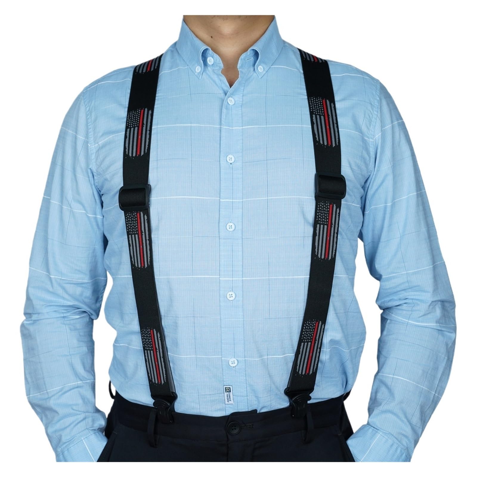 Tirantes elásticos con clip de plástico en forma X y parche cuero, aptos for aeropuertos para trajes y ropa formal