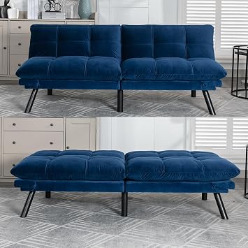 Futon Sofa Bed,Convertible Folding Futon Couch Breathable Small Couch for Compact Living Studio in Living Room and Bedroom,Offices,Dorm Loveseat White Blue