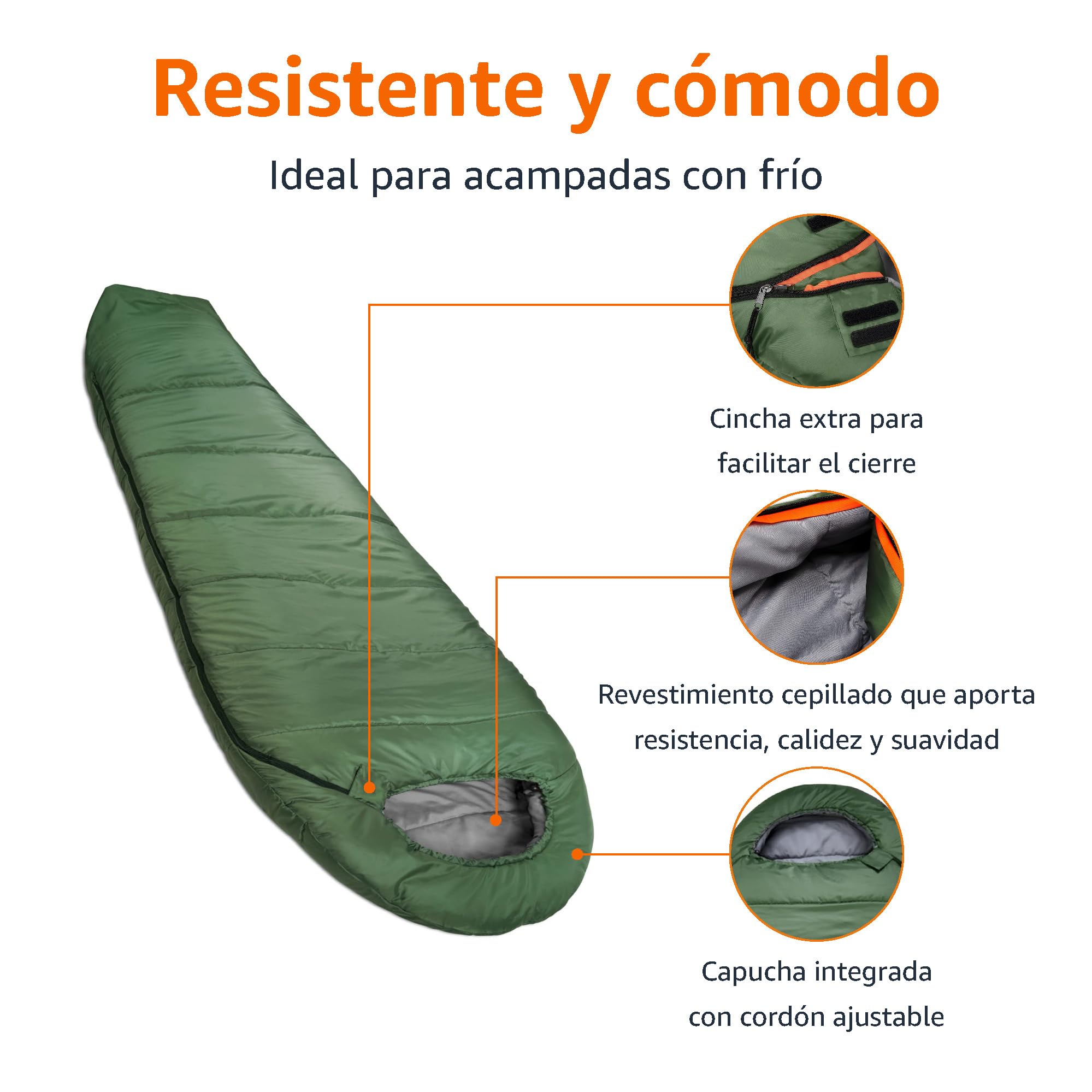 Amazon Basics Saco de Dormir, Acampada, Senderismo, Ligero, Clima frío, Verde Oliva, Tipo Momia, 83.8 x 208.3 cm