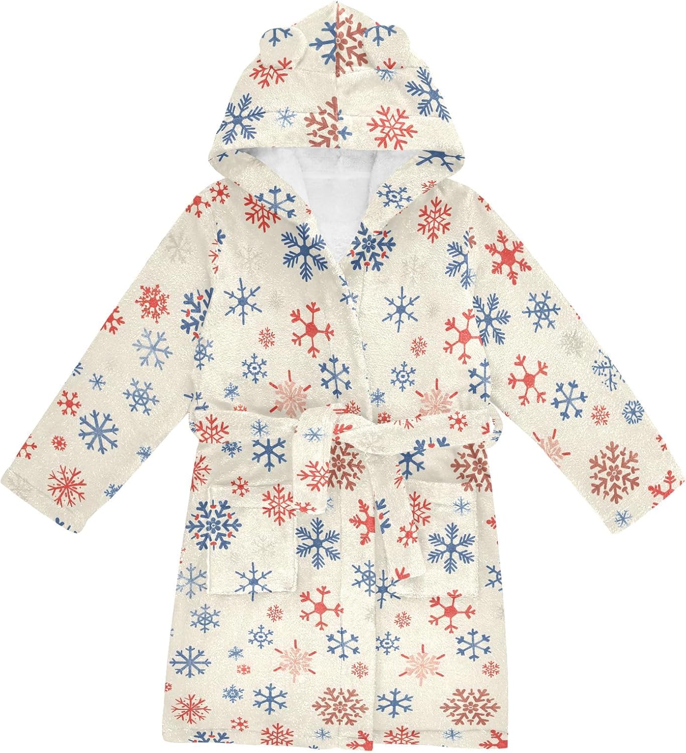 Red Blue Snowflakes Pattern Toddler Hooded Bathrobe for Boys Girls Soft Plush Bath Towel Robe 2-12 Years