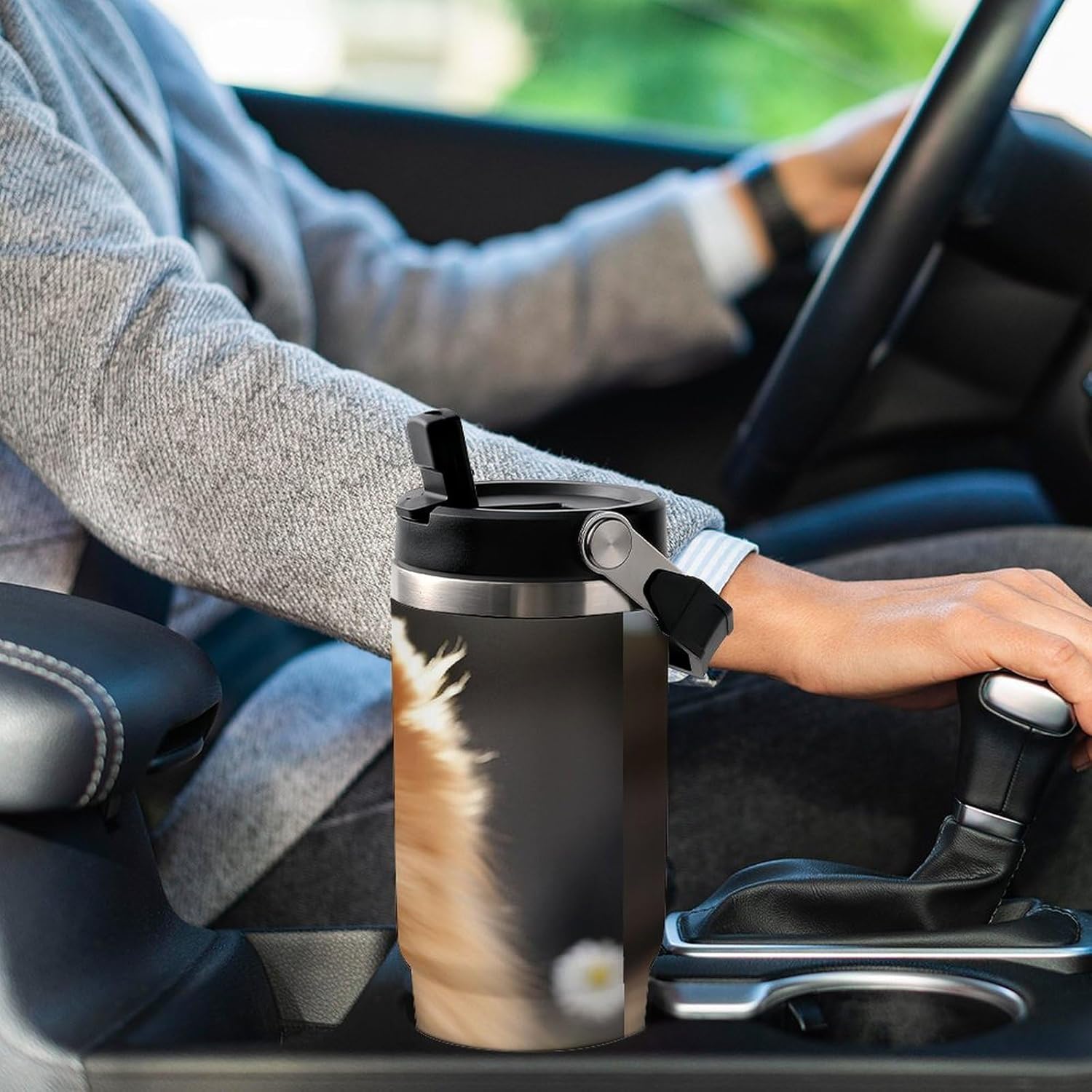 30oz Insulated Tumblers with Top Handle, Stainless Steel Pomeranian Dog Car Cup with Straw for Gift, Leak-Proof Double Wall Vacuum Travel Mug, Personalized Water Bottles Black