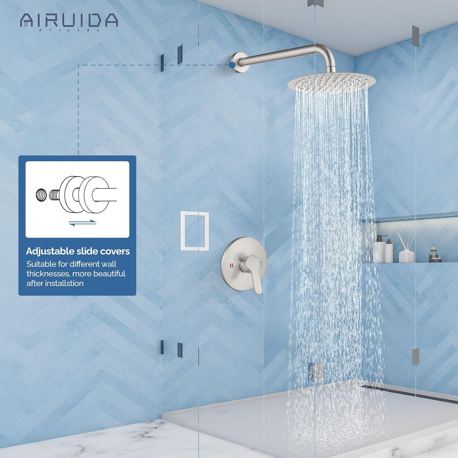 Airuida Shower Faucet Set Complete with Showerhead, Single Function Shower Valve and Trim Kit, 8 Inch Round Rain Shower Head, Male Threads Rough-in Valve Brushed Nickel