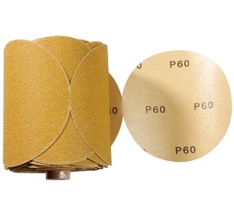 CowboyBOB 100 PCS 6 Inch Gold PSA Sanding Discs 60 Grit Self Adhesive Sticky-Back Sandpaper for DA Sander Finishing Abrasive Sand Paper Woodworking Wood Metal Sanding Disc Roll