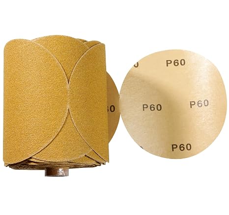 CowboyBOB 100 PCS 6 Inch Gold PSA Sanding Discs 60 Grit Self Adhesive Sticky-Back Sandpaper for DA Sander Finishing Abrasive Sand Paper Woodworking Wood Metal Sanding Disc Roll