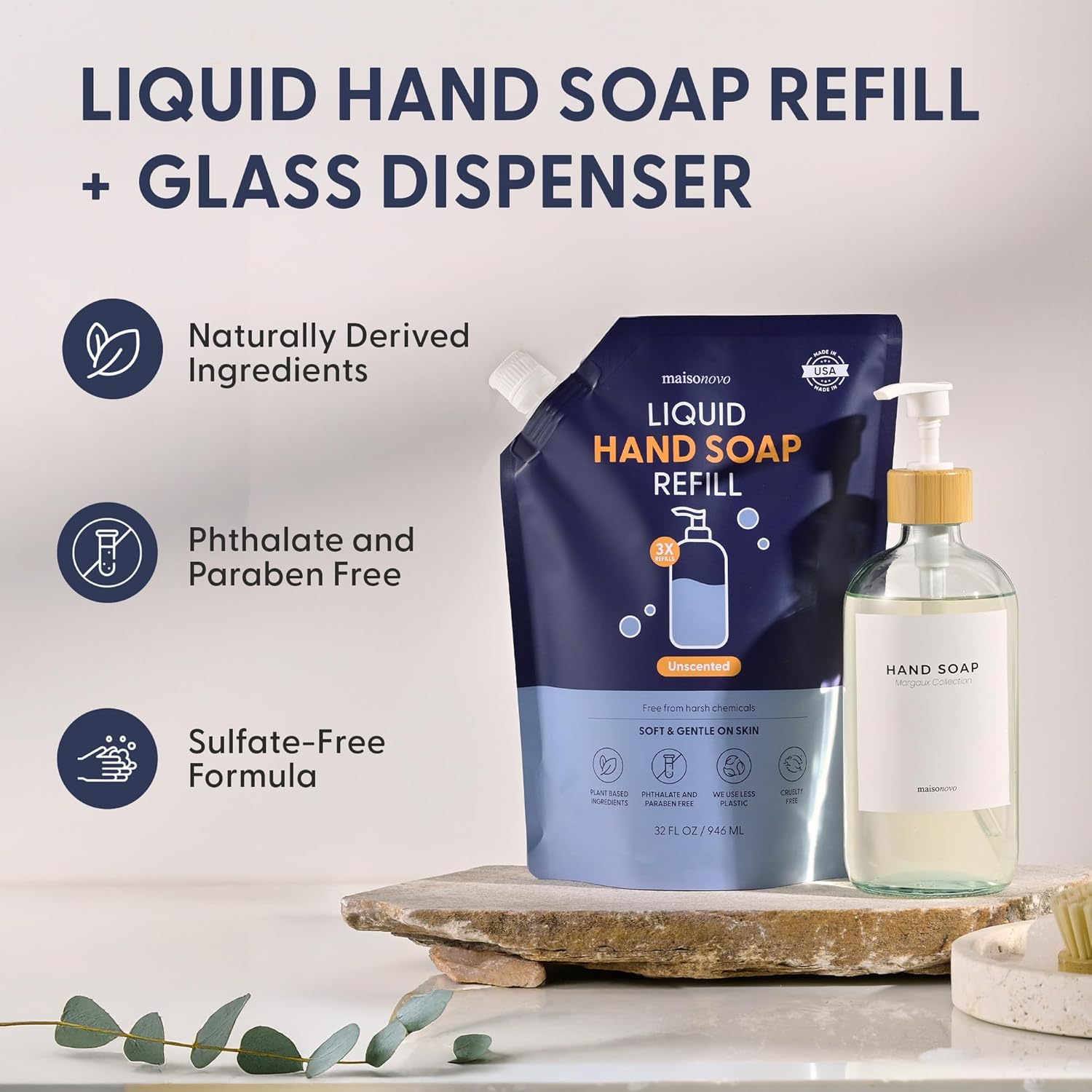 MaisoNovo Hand Soap Refills | Natural Hand Soap Refill Made in USA | Gentle Non Toxic Refill Good for All Skin Types | Unscented Refill Pouch 32 oz