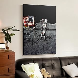 American Moon Landing Neil Armstrong Historical Man on The Moon with American Flag Poster Canvas Painting Wall Art Canvas HD Picture Print for Living Room Kitchen Home Bedroom Office Bathroom (12Lx 8W,WFramed)