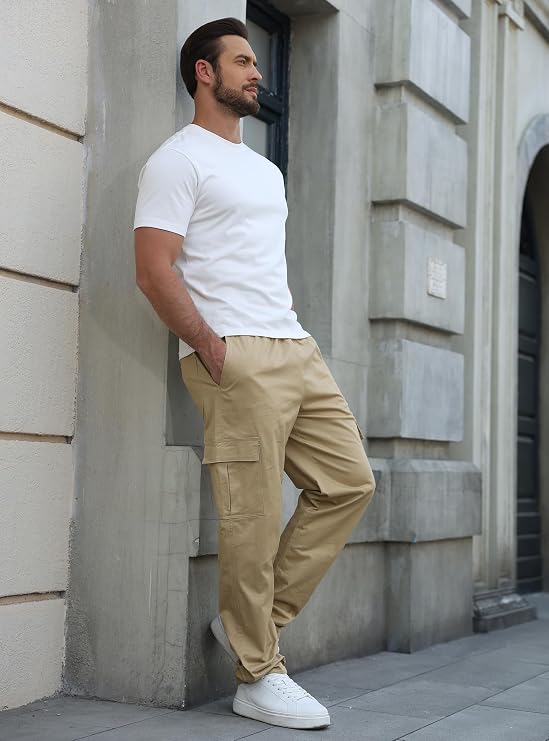 HYPESTFIT Men's Cargo Pants - Cotton Drawstring Waist Loose Straight Fit, Casual Hiking Athletic Joggers for Men