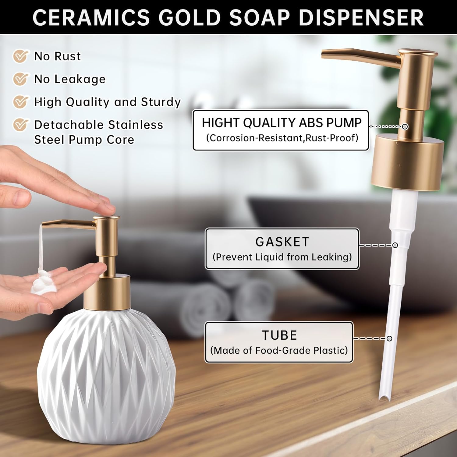 Ceramics Gold Soap Dispenser for Bathroom, Relief Soap Dispenser for Kitchen Sink, 400ml/13.5Oz Refillable Liquid Hand Soap Bottle with Gold Pump (White). - Image 4