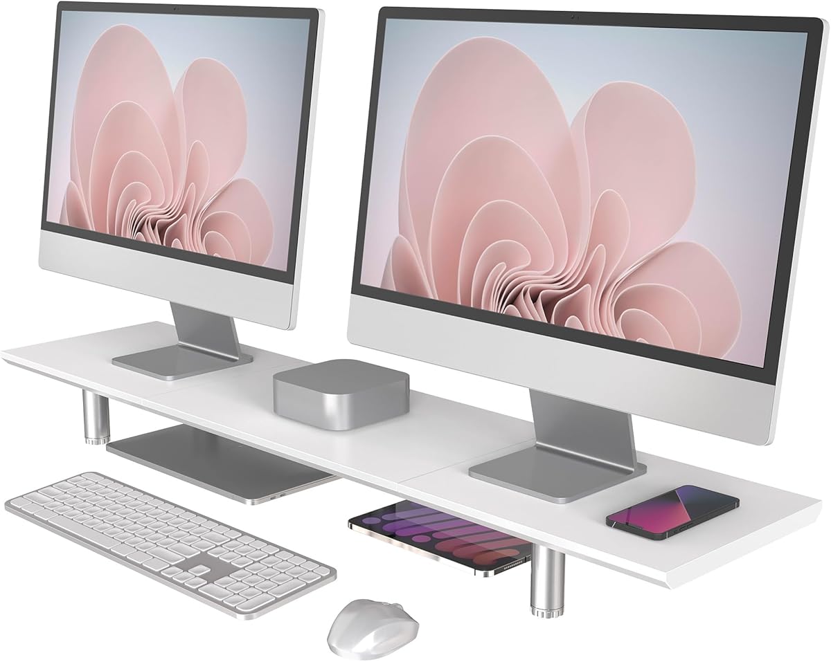 FENGE Dual Monitor Stand Riser, 39.4 Inch Height Adjustable Monitor Riser for Desk, Wood & Steel Monitor Stands for 2 Monitors, Laptop,Printer,TV, White