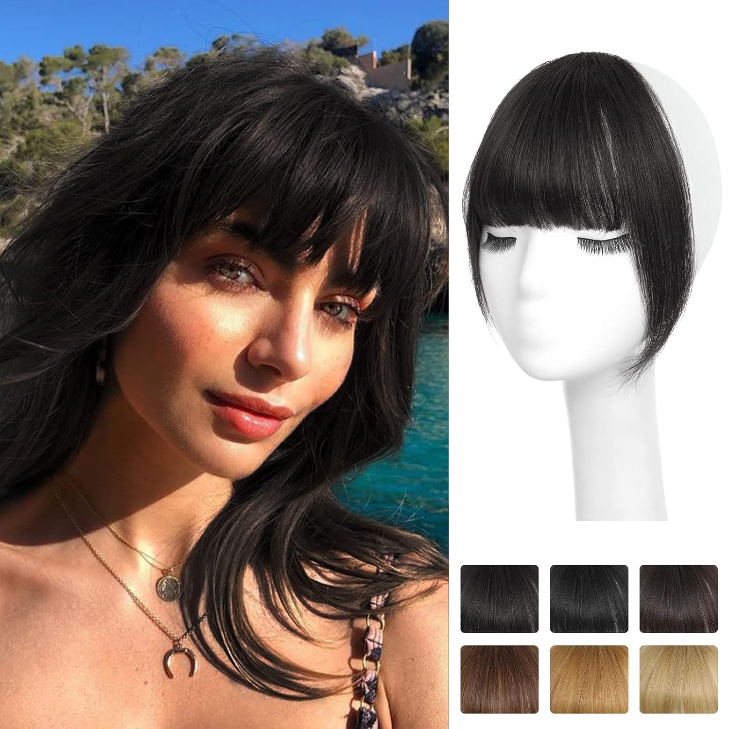 NAYOO Bangs Hair Clip - Brown Black Fake Bangs 100% Real Human Hair Extensions French Bangs for Women Fringe with Temples Hairpieces Curved Bangs for Daily Wear (Brown Black, French Bangs) French Bangs Brown Black