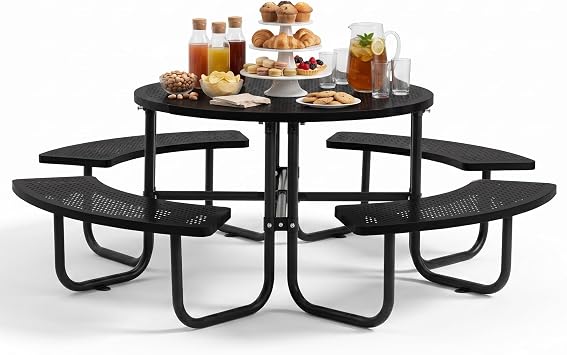 46" Round Heavy Duty Metal Picnic Table with Umbrella Hole | Portable Open Air Picnic Table for Outdoor Patio & Lawn Garden, Rustproof Commercial Grade Black - Round