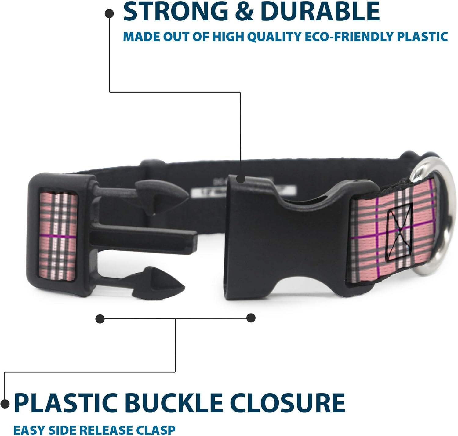 Buckle-Down 16-23" Plaid Pink Plastic Clip Collar, Wide Medium