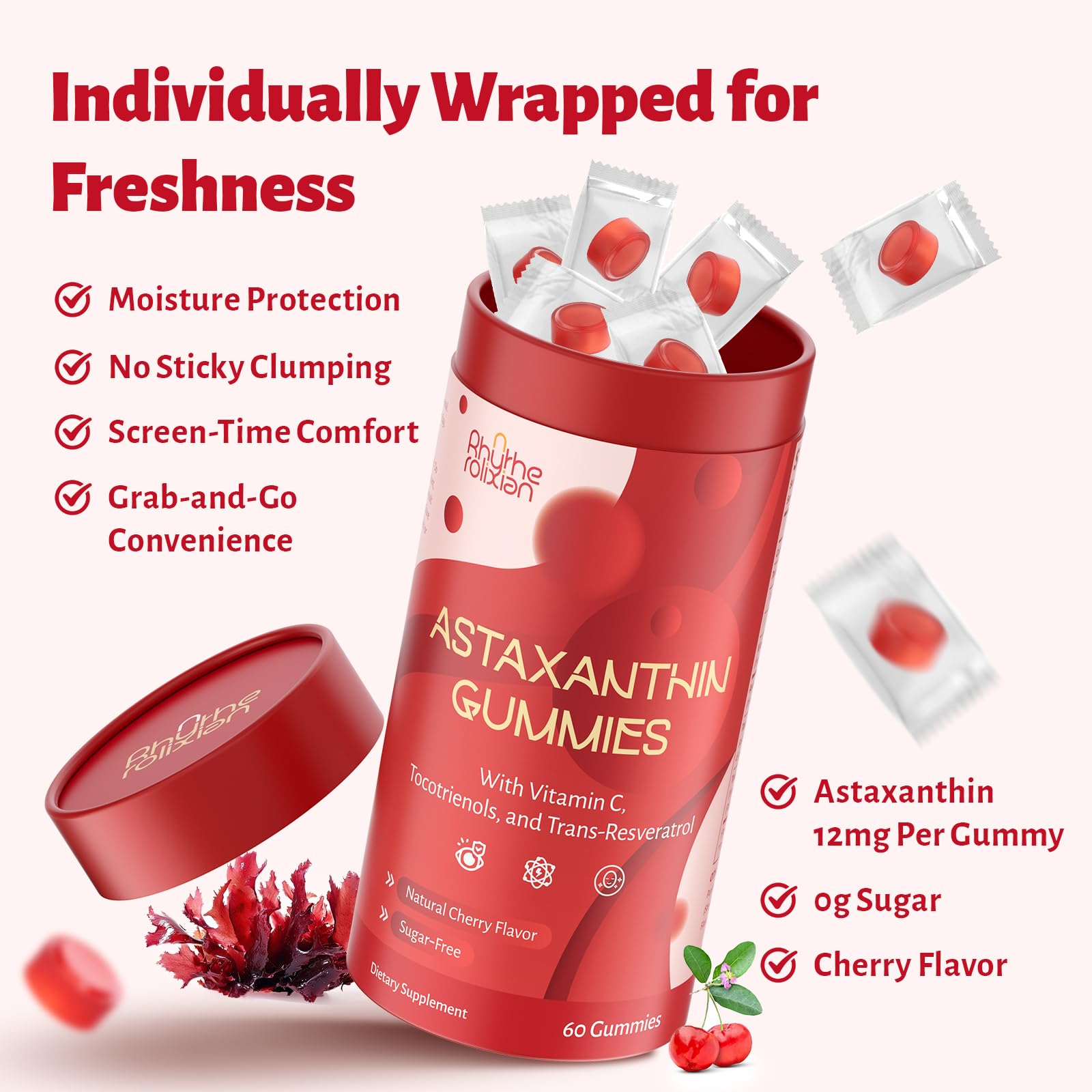 Astaxanthin Gummies – Astaxanthin Supplements with 12mg Per Gummy 24mg Max, Sugar Free Vegan Antioxidant with Vitamin C, Resveratrol & Tocotrienols – Supports Skin, Eye & Immune Health – 60 Count — Amazon image 5