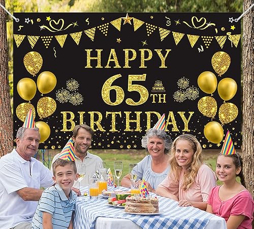 Miniatura 6 de Trgowaul Telón de fondo dorado y negro para cumpleaños número 65, 5.9 x 3.6 pies, pancarta de decoración de fiesta de feliz cumpleaños para mujeres