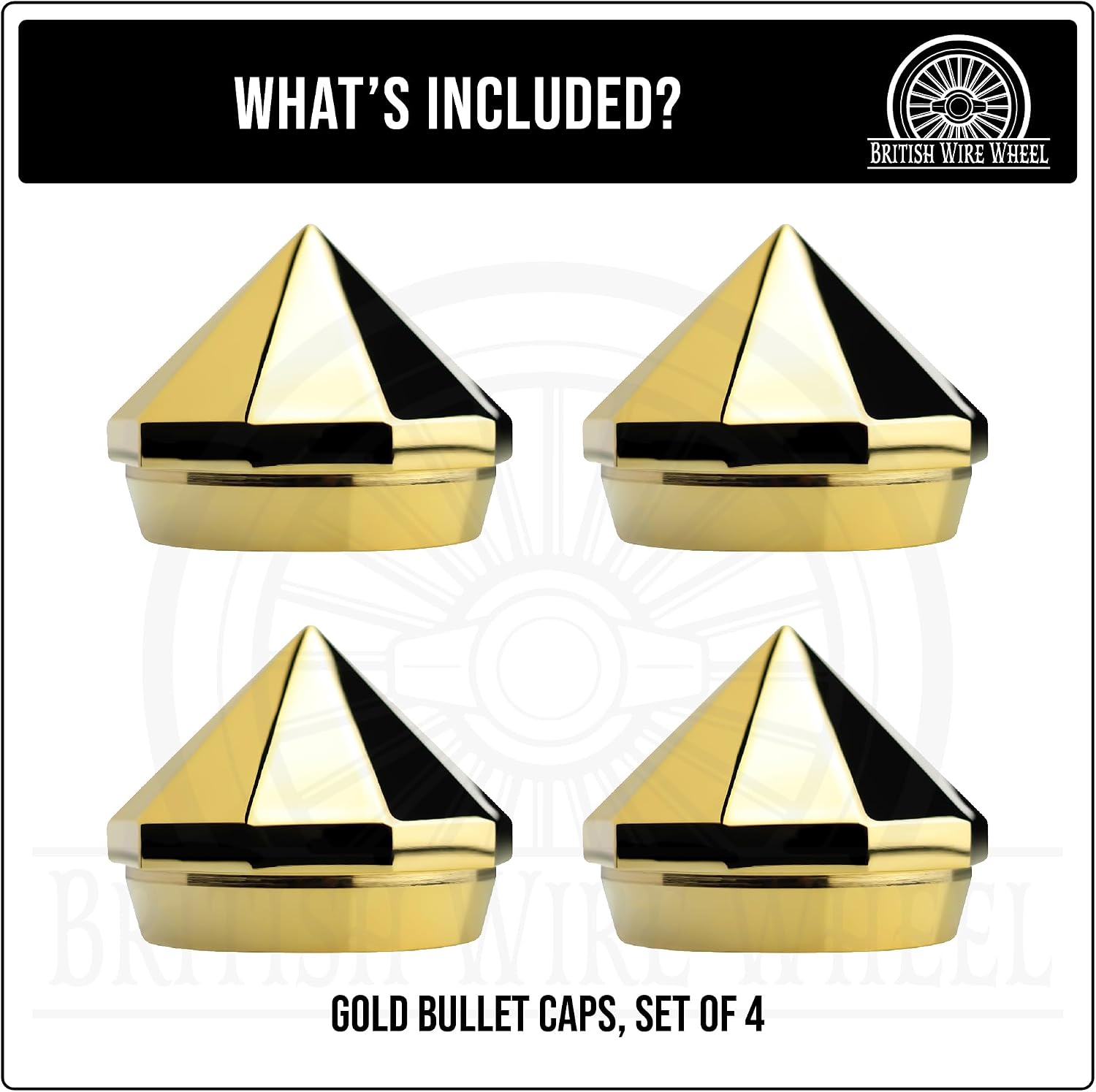 10-Sided Bullet Gold Spinner Caps (Set of 4) | 24K Gold Plated Bullet/Diamond Knock Off Spinner Caps | Designed for Lowriders, Classic Cars, and Custom Builds with Wire Wheels