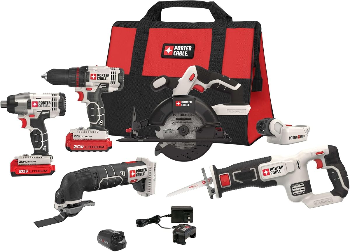 PORTER-CABLE 20V MAX* Kit combinado de 6 herramientas Juego de taladro inalámbrico, destornillador de impacto, sierra circular, sierra alternativa, herramienta oscilante, cuchilla de corte, linterna y cargador USB (PCCK617L6)