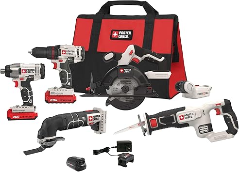 PORTER-CABLE 20V MAX* 6 Tools Combo Kit Cordless Drill Set, Impact Driver, Circular Saw, Reciprocating Saw, Oscillating Tool,