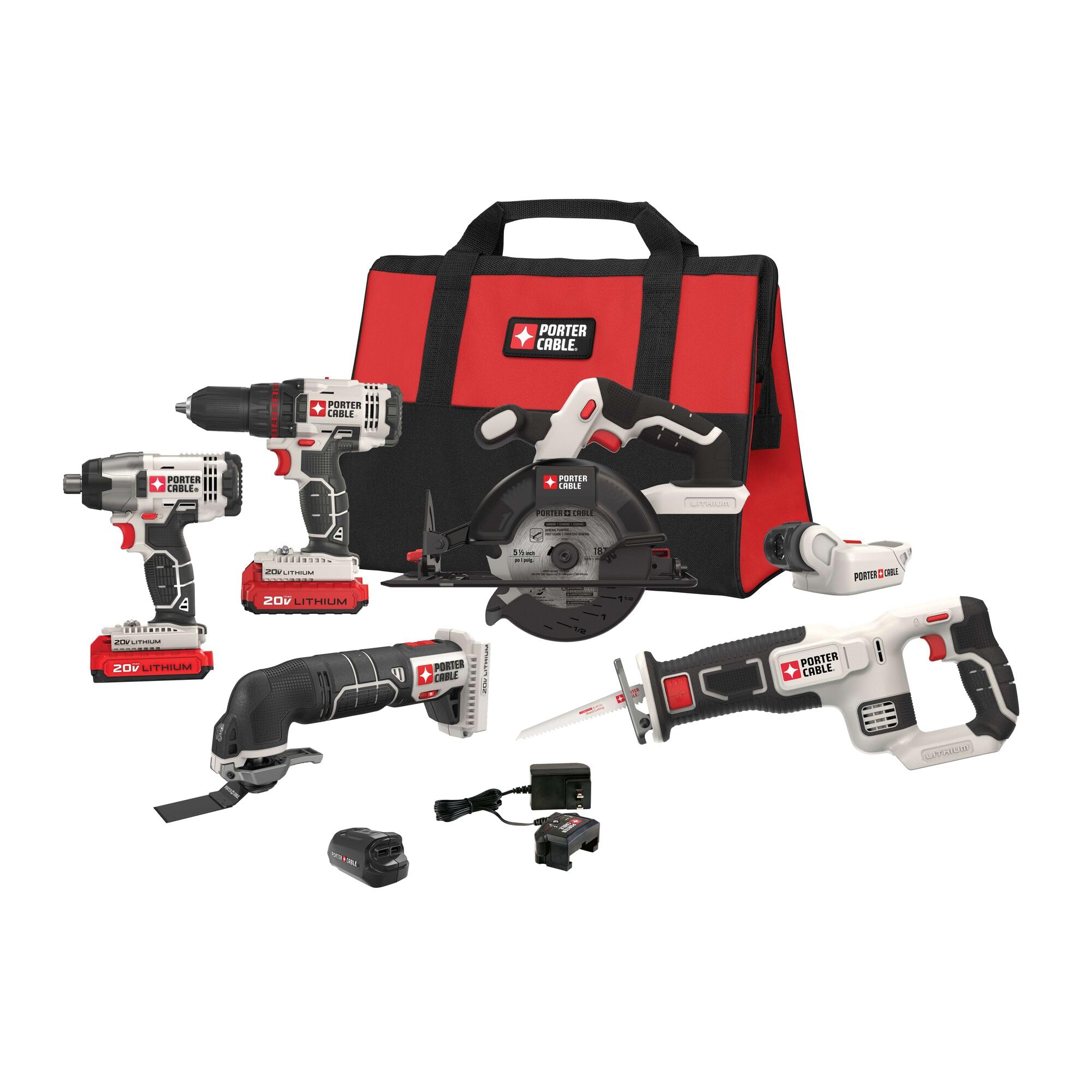 PORTER-CABLE 20V MAX* 6 Tools Combo Kit Cordless Drill Set, Impact Driver, Circular Saw, Reciprocating Saw, Oscillating Tool, Cutting Blade, Flashlight and USB Charger (PCCK617L6)