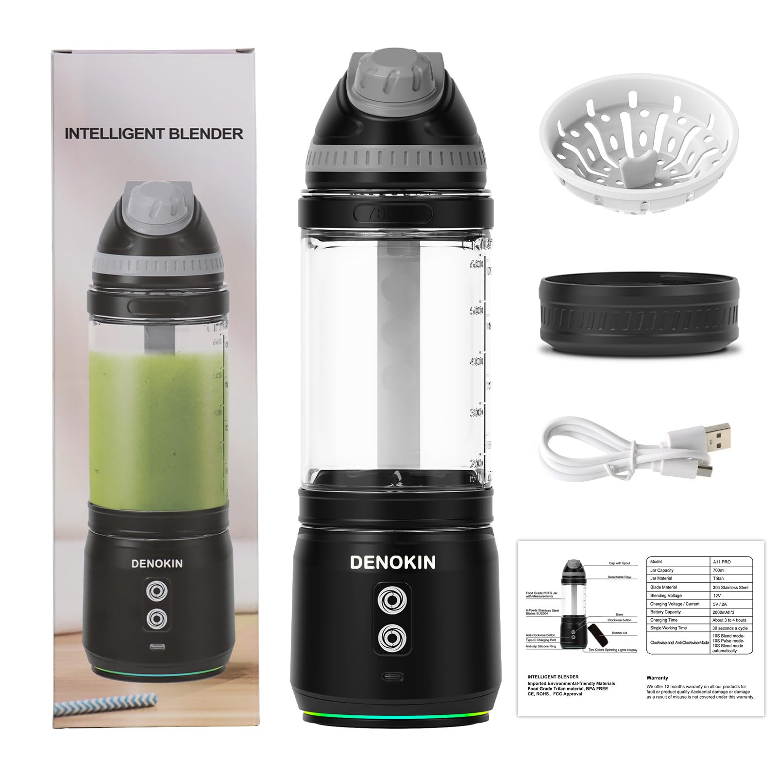 DENOKIN Tragbarer Mixer, 700ml Smoothie Maker to Go, Mini-Standmixer mit 6-Klingen Edelstahl, Wiederaufladbarem Typ-C Portable Blender mit Reisedeckel, BPA-freie, Blade-Reversal-Technologie