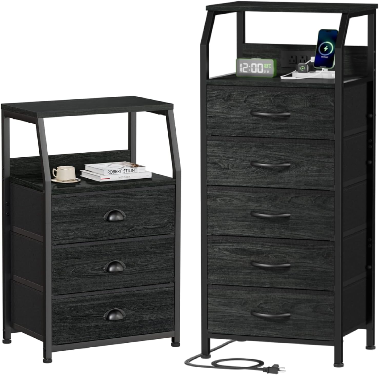 Furnulem Dresser and Nightstand Sets, 5 Drawers Dresser with Charging Station+Small Nightstand with 3 Fabric Storage Drawers