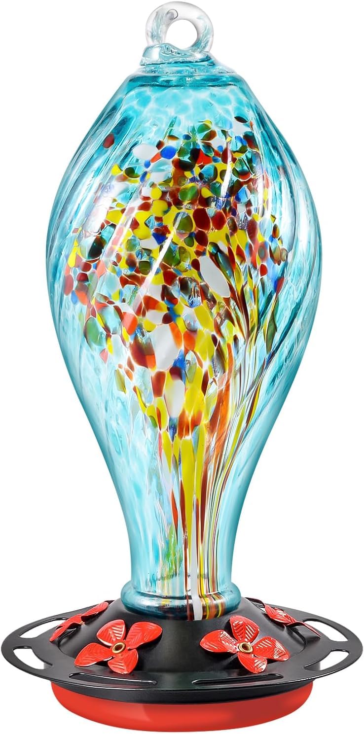 Raxurt Hummingbird Feeder for Outdoors Hanging, Hand Blown Glass Hummingbird Feeder Gift for Women, 36 Ounces, 5 Feeding Stations with Perch Leak Proof & Rustproof, Blue