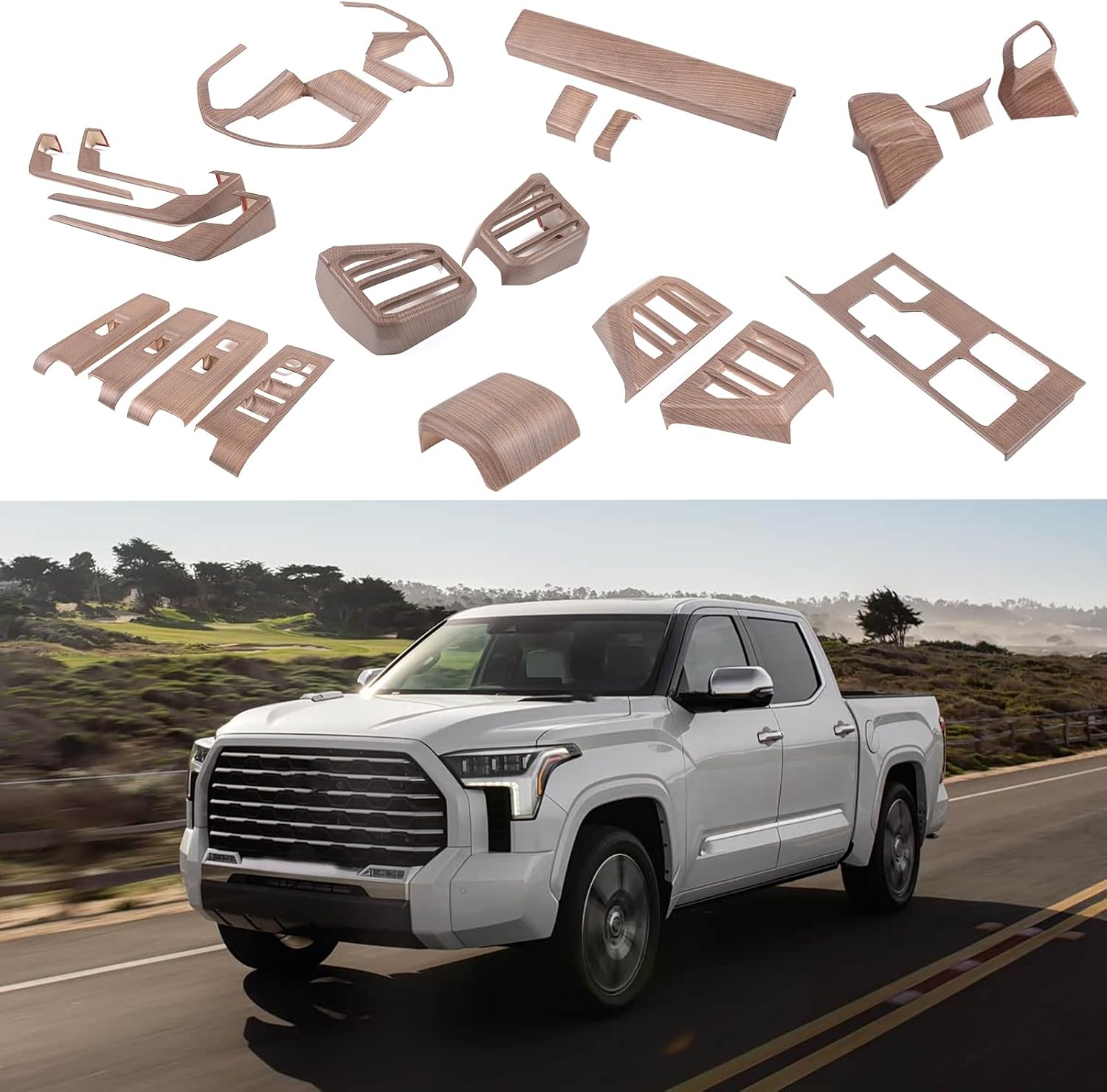 22PCS Full Set Interior Trim Kit Compatible with Toyot@ Tundra/Sequoia 2022-2026 Center Console Gear Shift Panel,Window Lift Switch Panel,Air Vents Cover Interior Accessories (Pear Wood Grain)