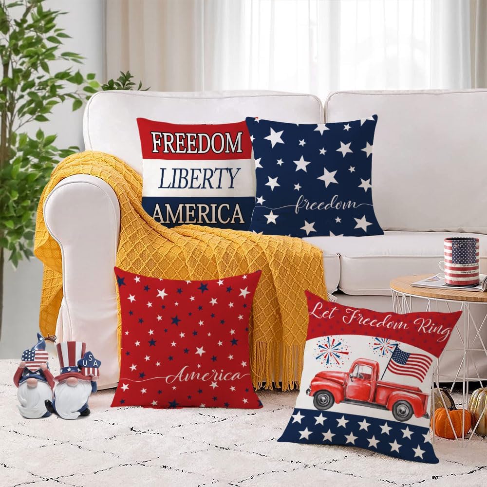 YeeJu Set of 4 Patriotic Throw Pillow Covers 20x20 Velvet 4th of July Pillow Covers Memorial Day American Flag Red White Blue Cushion Covers Fourth of July Pillow Cases Home Outdoor Decorations (20)
