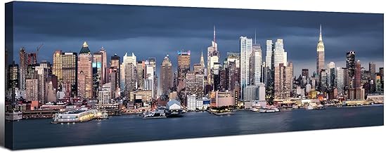 New York City Wall Art for Living Room NYC Skyline Wall Decor Manhattan Cityscape Canvas Poster for Office Modern Night View City Scenic Skyscraper Panoramic Artwork Bedroom Home Decorations 14x48"