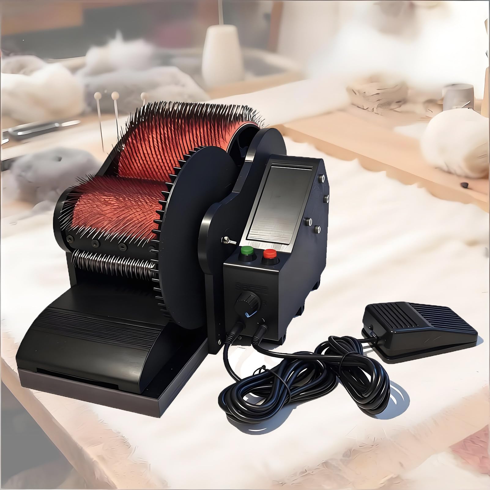 EpyGnom Electric Wool Drum Carder Fiber Carding Machine with Brush, Awl & 2 Foot Switches, 0-56 RPM Wool Combing Machine for Blending Mixing, for DIY Craft Make Felt