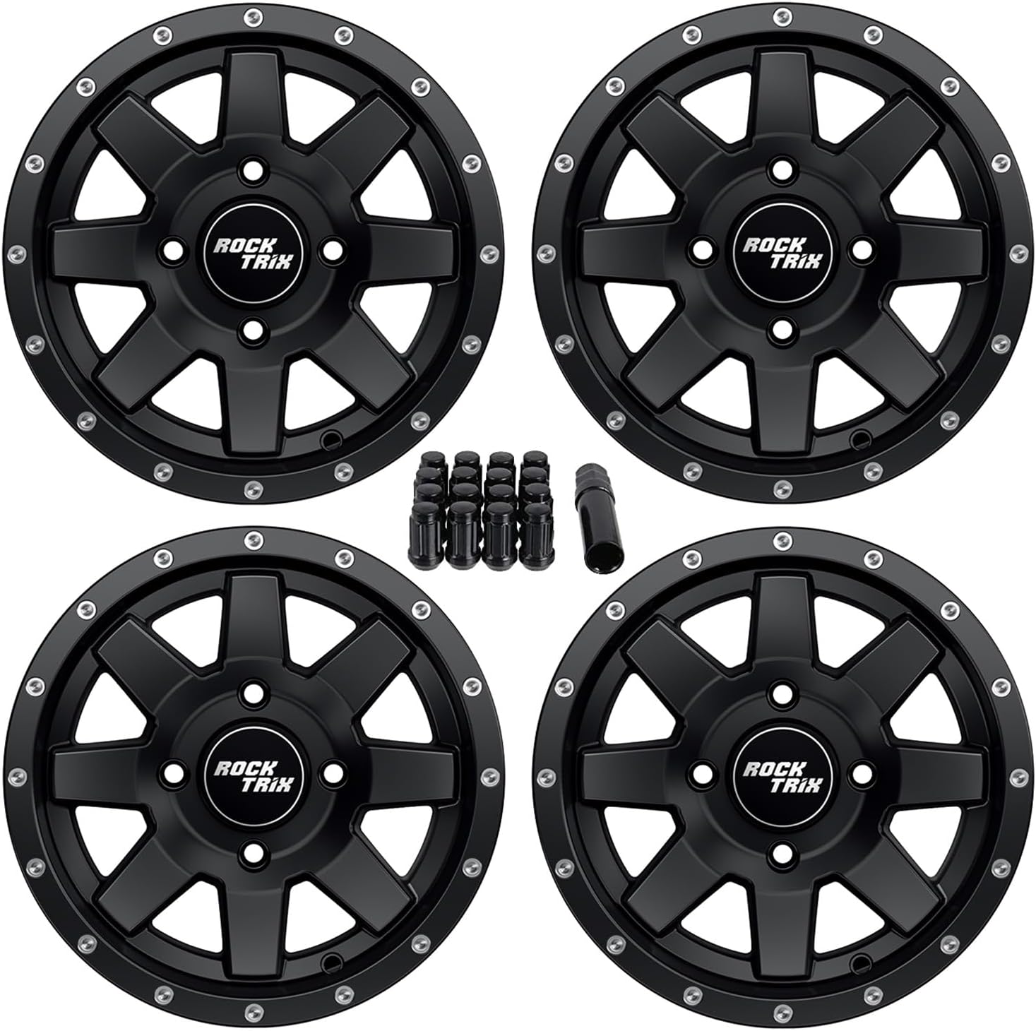 RockTrix RT106 12x7 ATV UTV Wheel 4x110 5+2 Offset Black with 10x1.25 Nuts