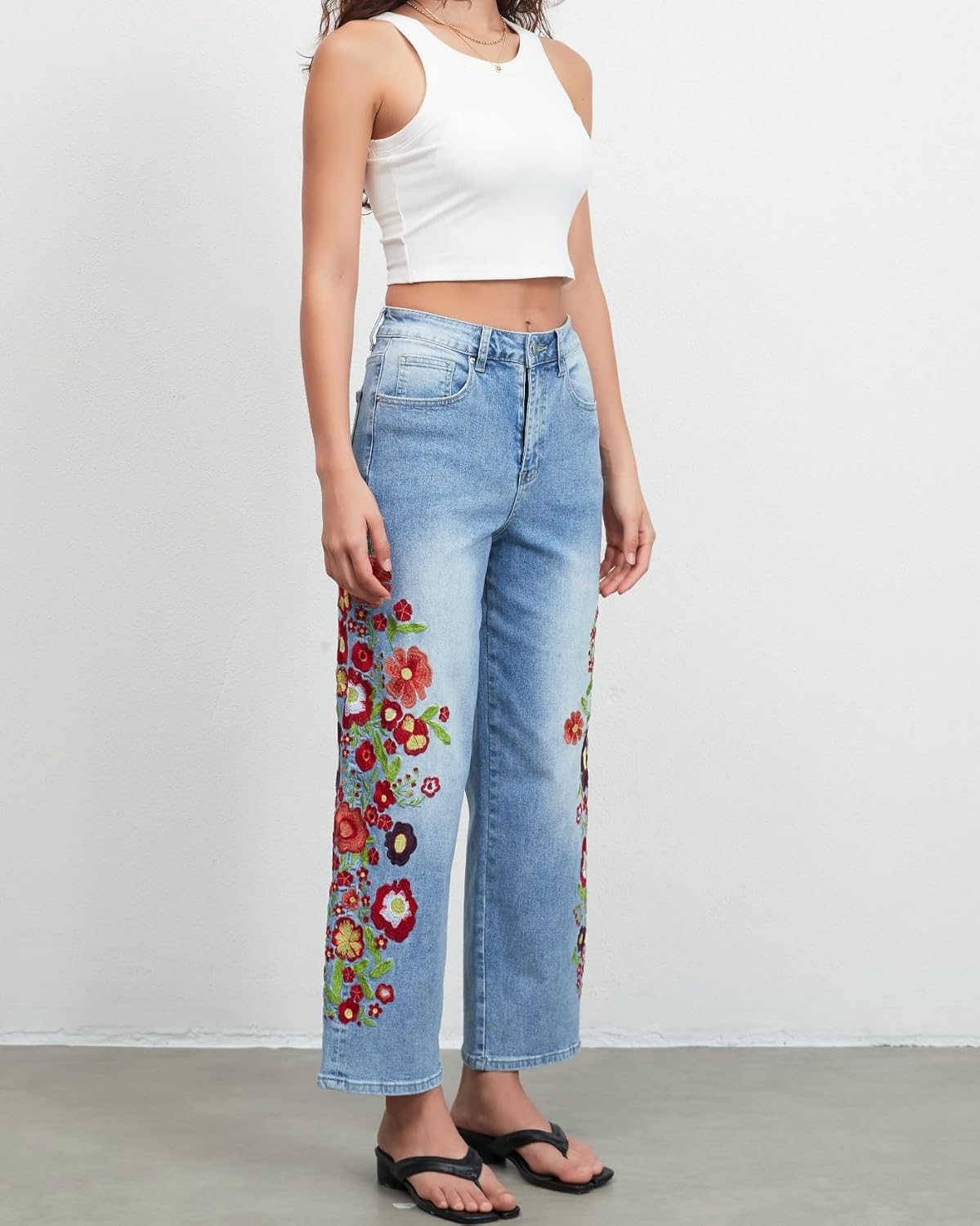 Straight Leg Cropped Jeans for Women Trendy Mid Rise Floral Print Boho Casual Denim Ankle Pants - Image 5