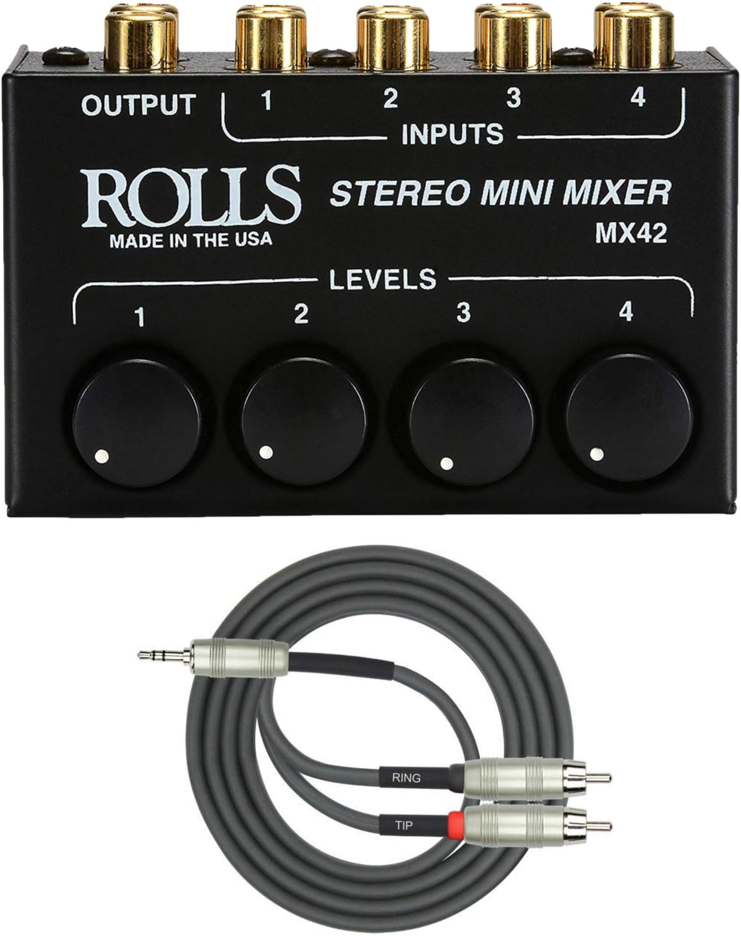 Rolls MX42 Stereo Mini Mixer with 3.5mm Stereo Plug to Dual RCA Plug