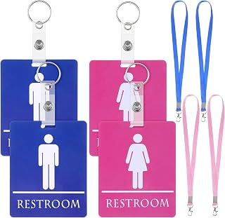 4 Sets Bathroom Passes for Classrooms with Key Holder and Buckle | Blue and Pink Durable PVC Restroom Hall Pass Management Accessories for Classroom School Office Public Place Toilet