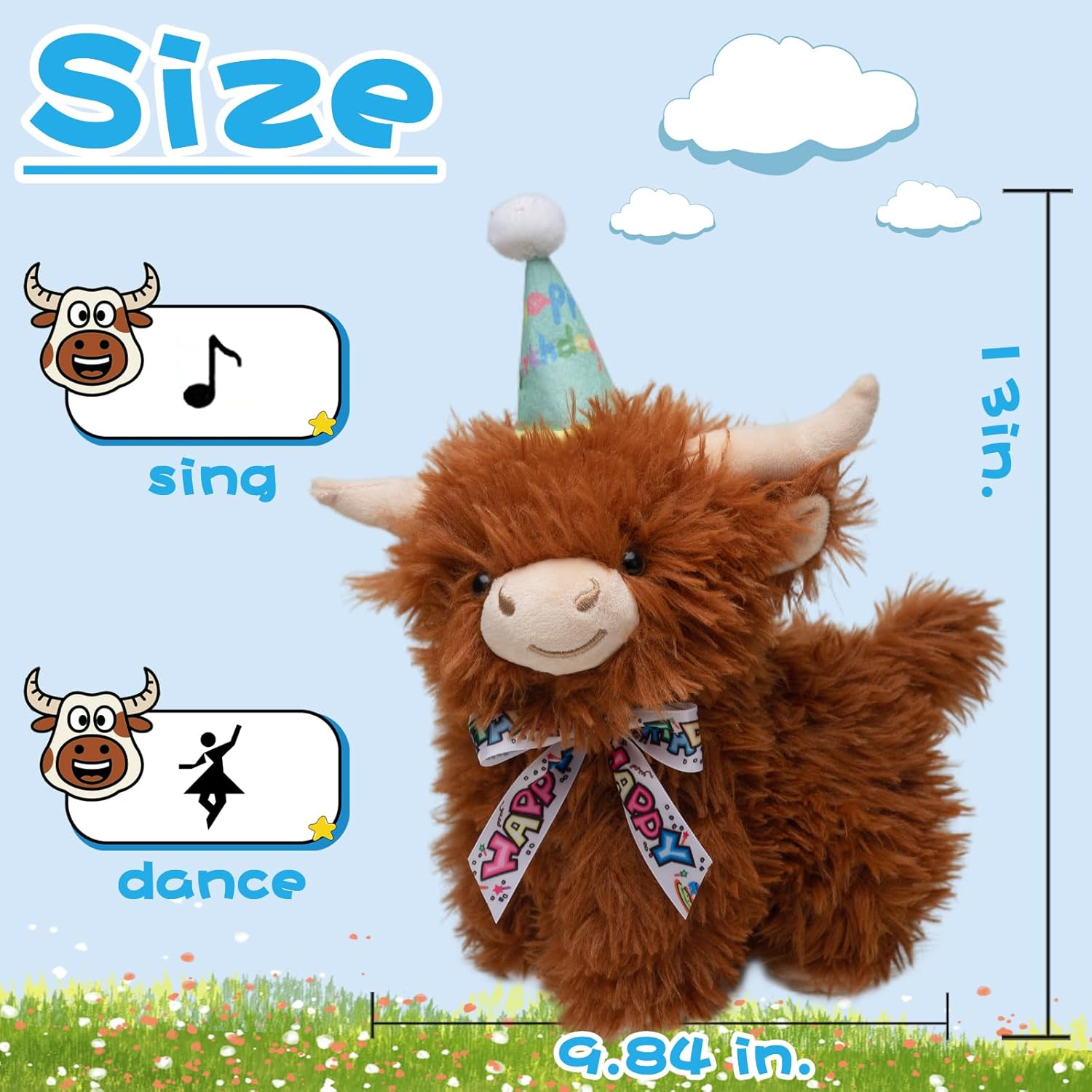 Funny Dancing Singing Highland Cow Stuffed Animals, Sing Birthday Songs Interactive Music Animated Highland Cattle Plush Toys Birthday Gifts for Boy Girls Chrismas Easter Party Decorations (White)