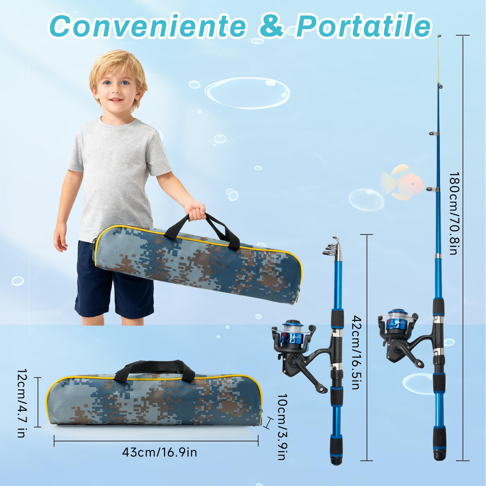 Kit Iniziale per Bambini e Principianti, 2 Canne da Pesca Telescopiche Portatili 1,8m con Mulinello Spinning 5.2:1, Set Completo con Lenza, Esche, Accessori e Borsa per Acqua Dolce e Salata
