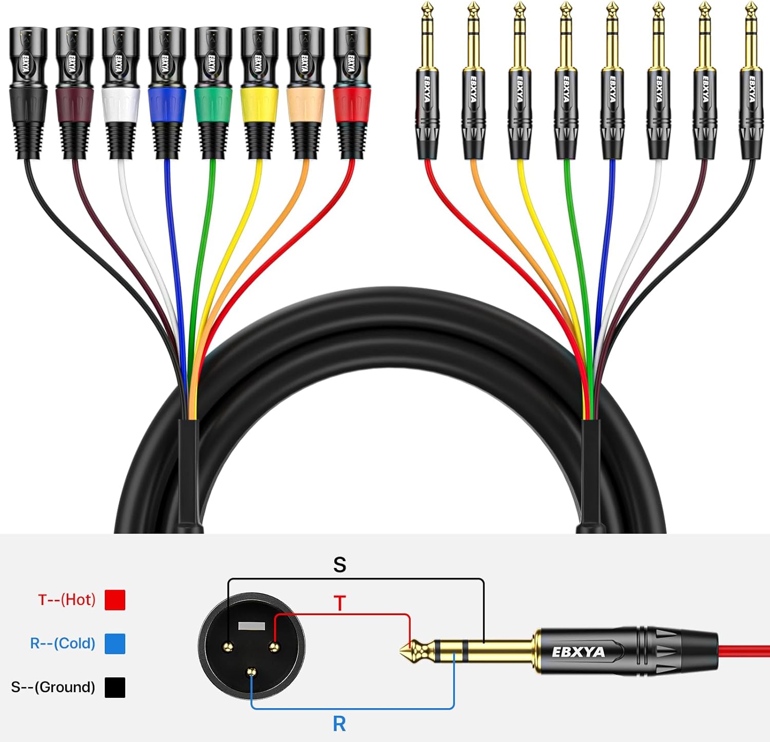 EBXYA 8 Channel 1/4 Inch TRS to XLR Snake Cables, 6.35mm Male Jack Stereo Audio Balanced Line to XLR Cables, 10 Feet 1 Pack