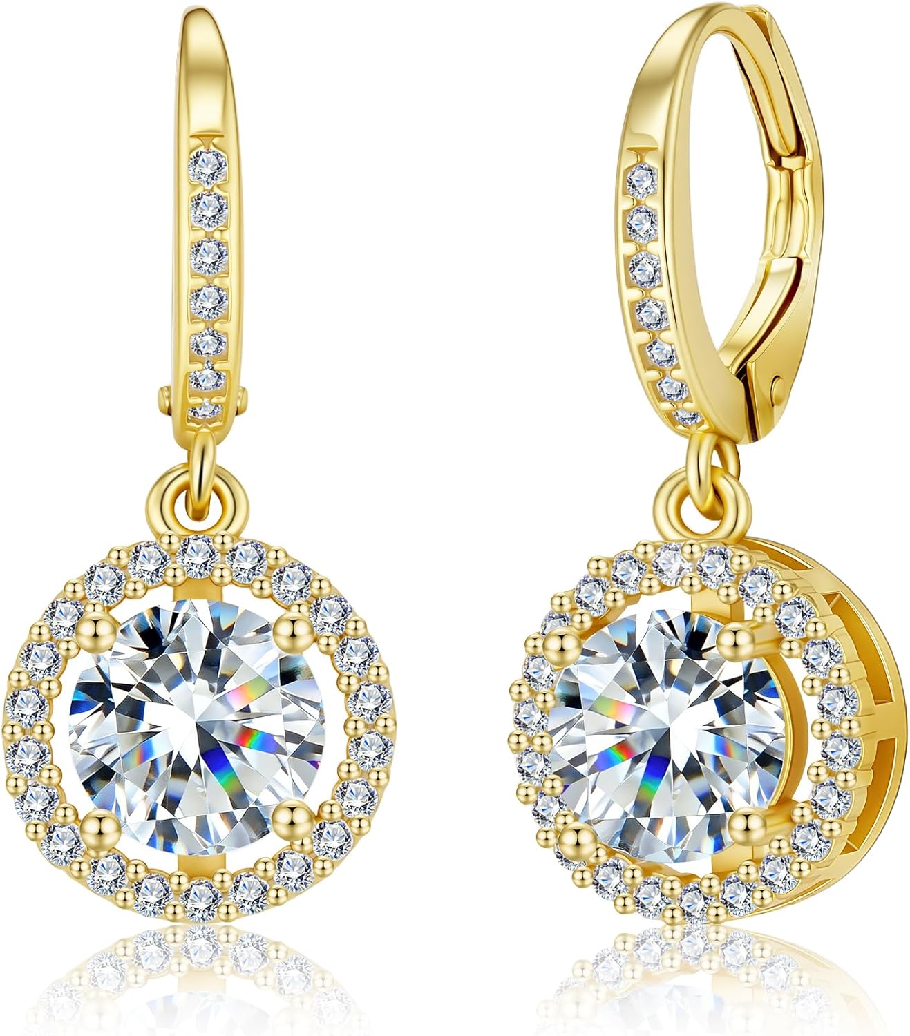 Moissanite Earrings, Hypoallergenic 925 Sterling Silver Dangle Earrings 2.0ct (1.0ct*2) Round Cut Lab Created D Color Moissanite Gold Hoop Drop Earring for Women