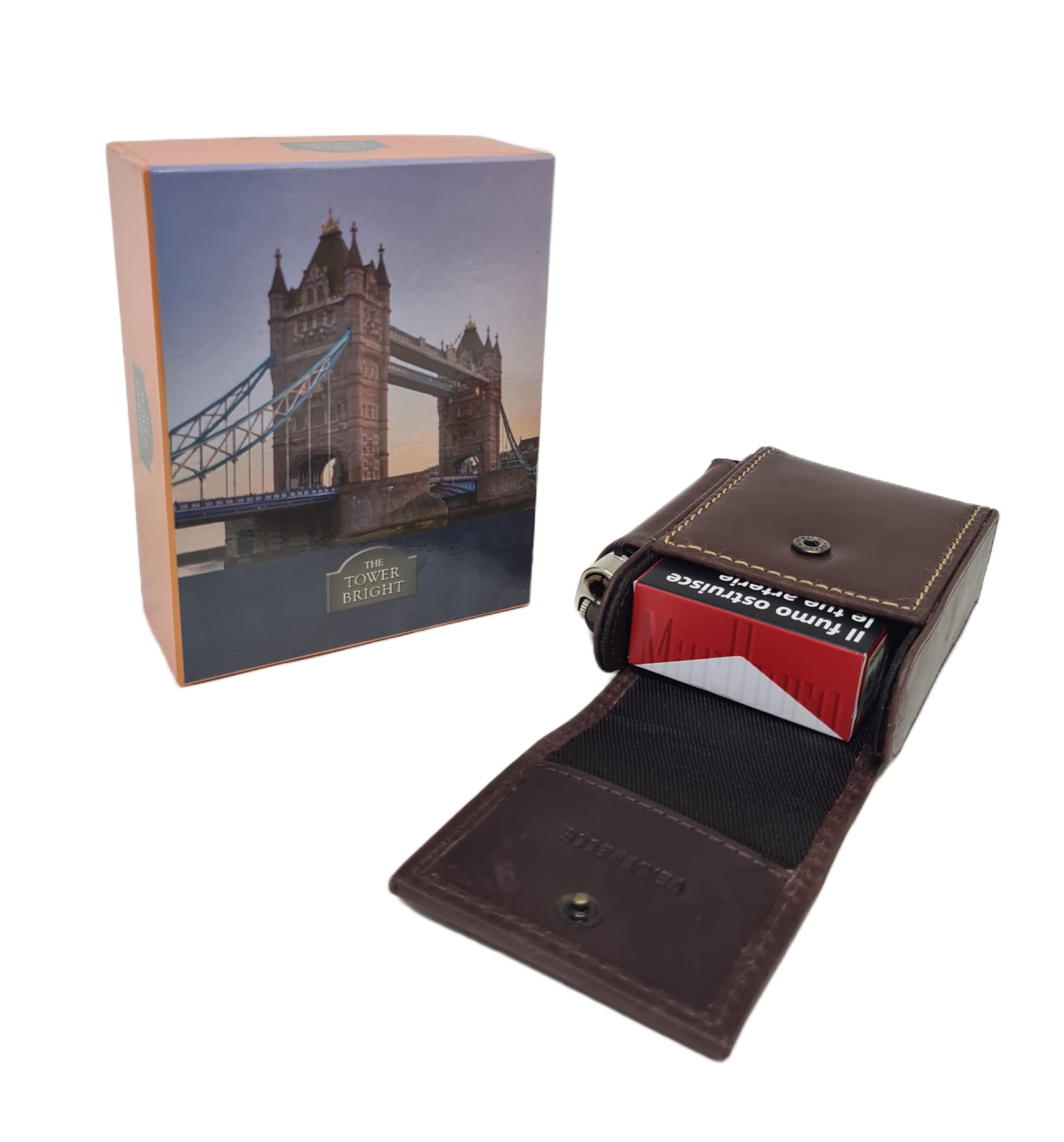 The Tower Bright Portasigarette in Vera Pelle con Porta Accendino, Dimensioni 10,5x7x3 cm, con Scatola Regalo Sigarette Normali e Lunghe Art. 2318 (MARRONE SCURO)