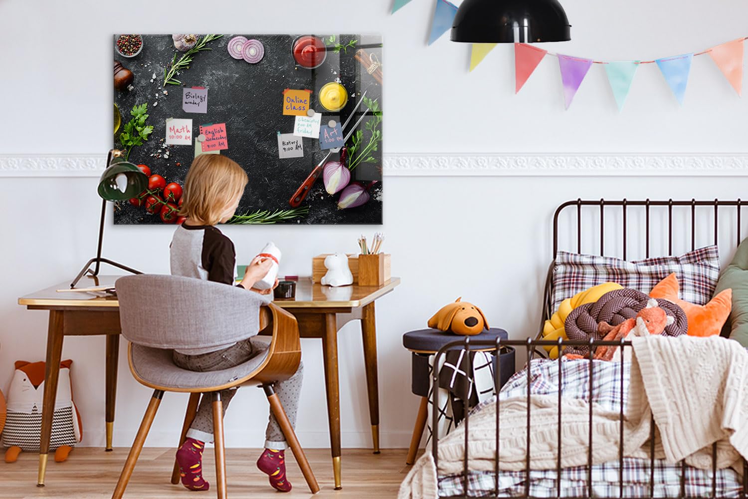 Glastafel magnetisch mit starken Magneten | Schreibtafel abwischbar | Wandtafel für Küche, Büro, Schule | Glänzende Glasoberfläche, modernes Design - 100x70cm Gemüse auf dem Tisch
